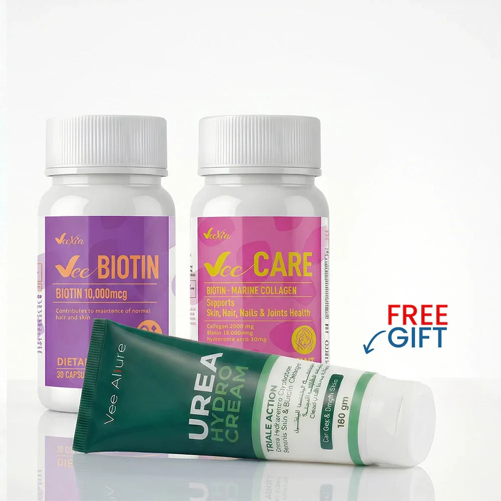 Complete Beauty Bundle for Hair, Skin, and Nails with Vee Allure Capsules, Marine Collagen, and Urea Hydro Cream for stronger hair, hydrated skin, and healthy nails