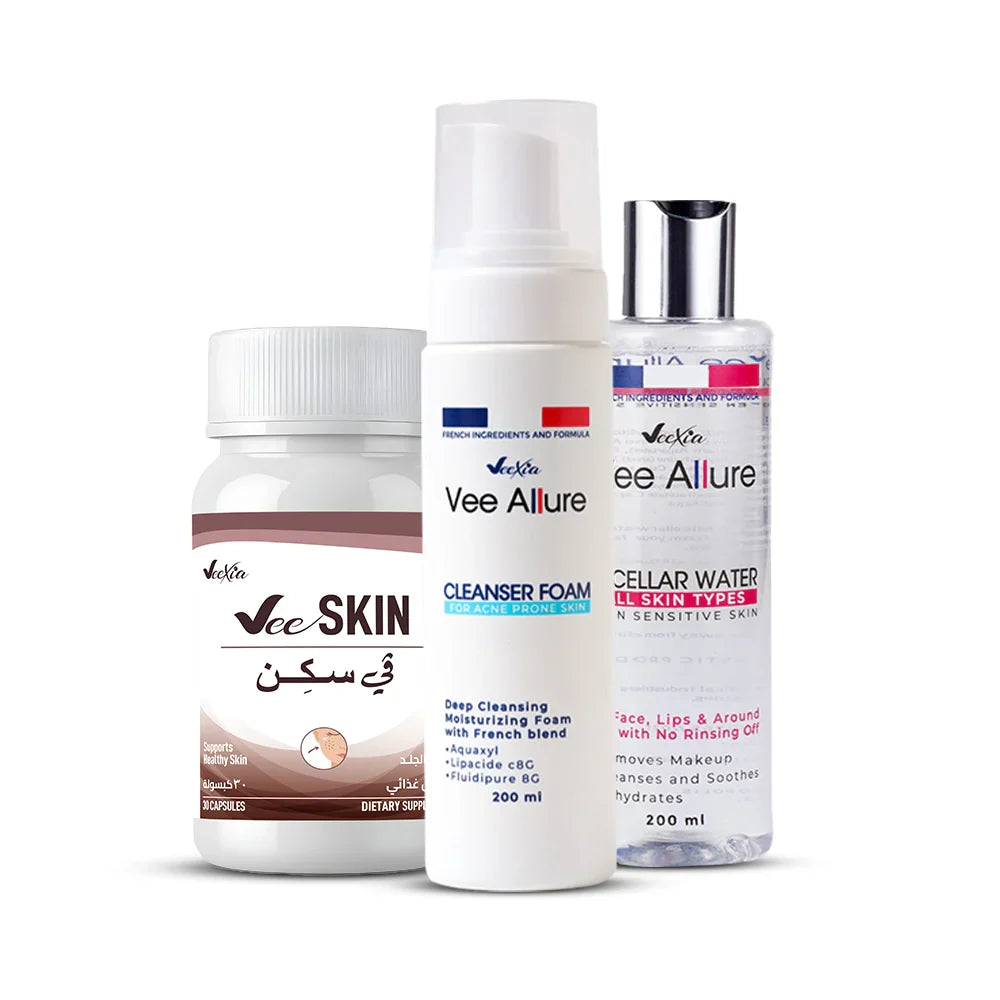 Veexia Acne Control Bundle with cleanser, micellar water, and skin capsules for acne-prone skin care