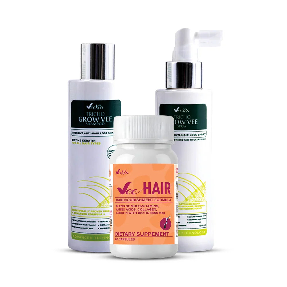 Veexia Hair Bundle Core Growth Care set with anti hair loss shampoo, spray, and hair capsules for stronger, denser hair