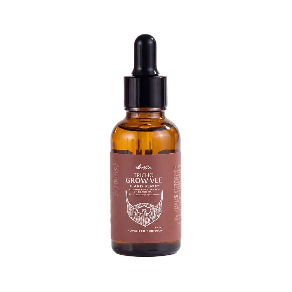 Tricho Grow Vee Beard Serum bottle with natural ingredients for beard growth and grooming