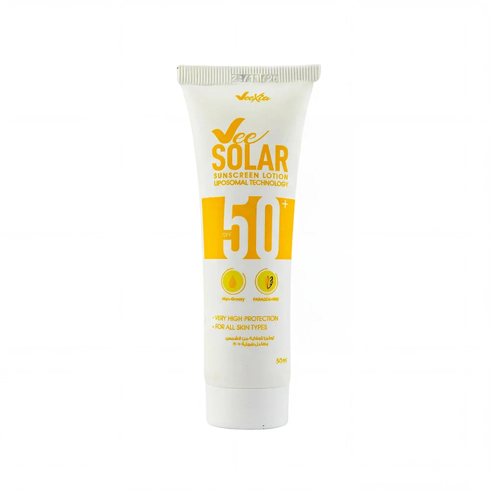 Vee Solar Sunscreen SPF 50 lotion with advanced French liposomal technology for deep UV protection and hydration