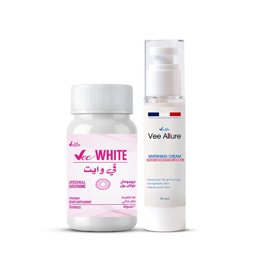 Whitening Skin Care Sensitive Bundle (Vee White Skin Brightening Supplement, Vee Allure Whitening Cream for Sensitive Area)