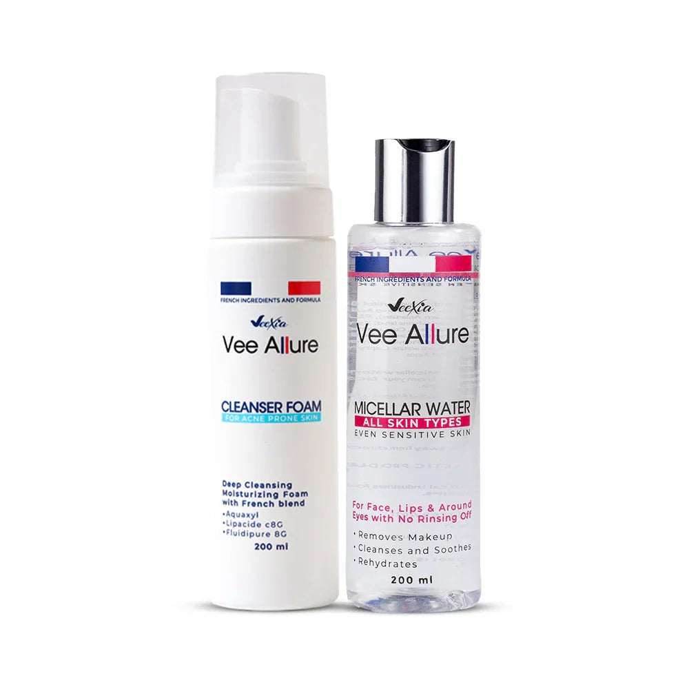 Veexia Double Cleansing Bundle with micellar water and foaming cleanser for oily skin care