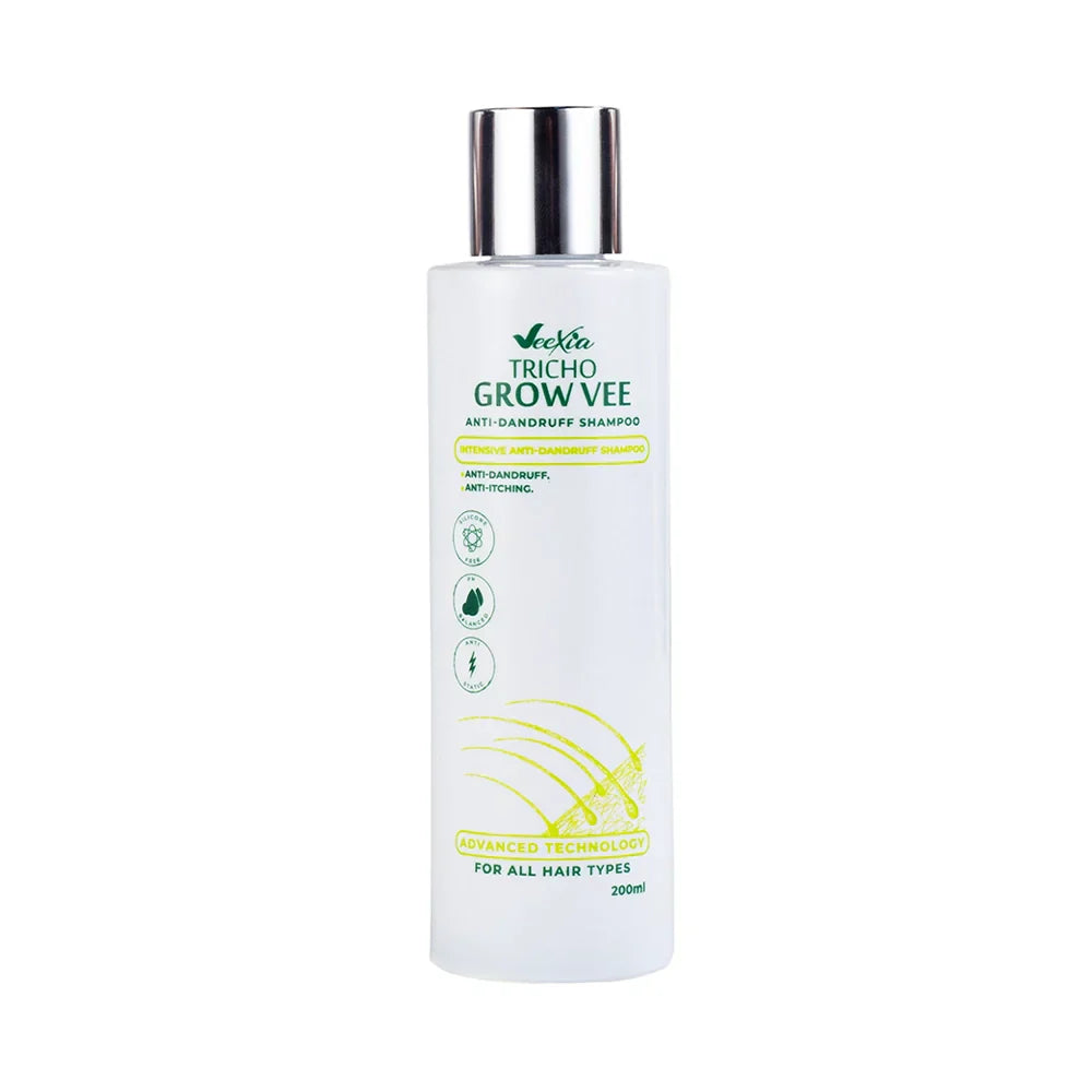 Tricho Grow Vee Anti Dandruff Shampoo bottle with clean and healthy scalp background