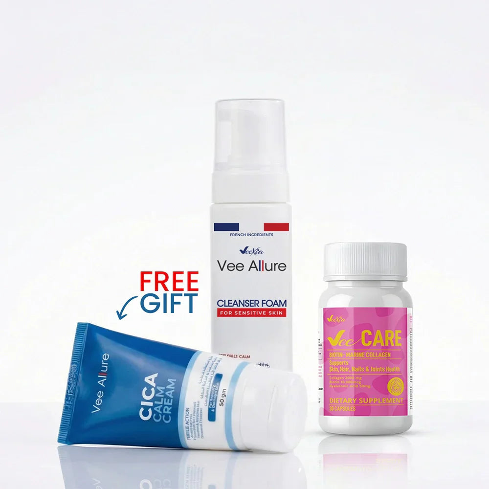 Complete sensitive skin care bundle featuring Vee Allure Sensitive Skin Foaming Cleanser and inner beauty support products