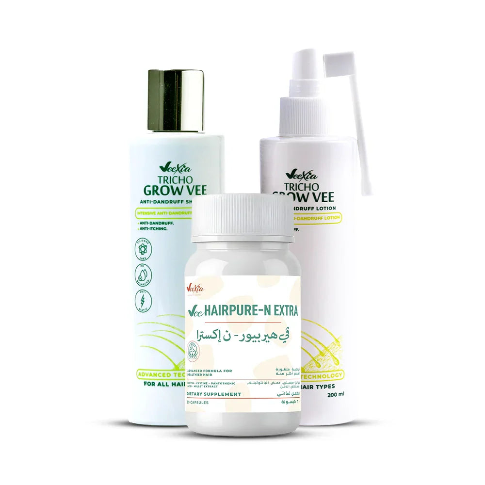 Veexia Anti-Dandruff Shampoo and Hair Strengthening Bundle with lotion and capsules for dandruff-free scalp and stronger hair